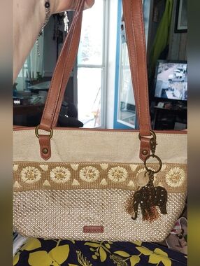 Sakroots Women's Tan & Cream Woven Tote with Elephant Charm